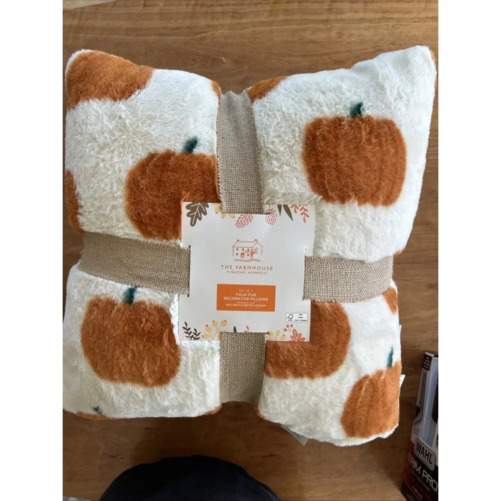 x2 Rachel‎ Ashwell Orange Pumpkin Faux Fur Throw Pillow Set Fall Decor 20